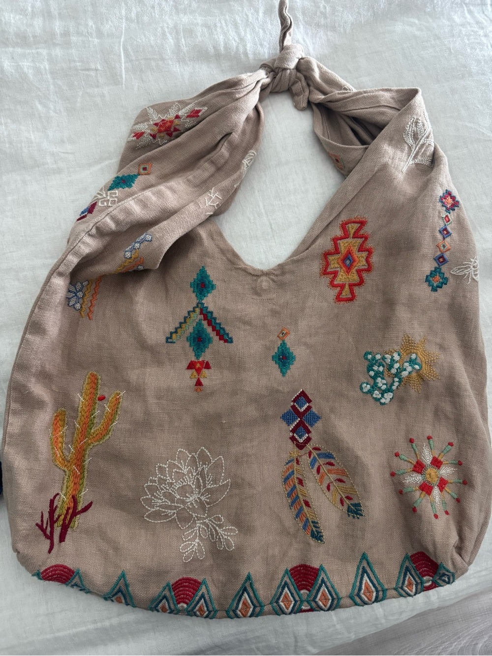 Johnny Was SAGUARO Los Angeles Aztec Linen Knot Tie Bag Purse